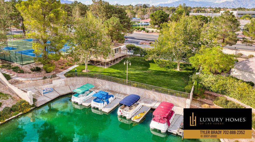 private dock at The Lakes Las Vegas Home for sale, 2801 High Sail Court, Las Vegas, NV 89117