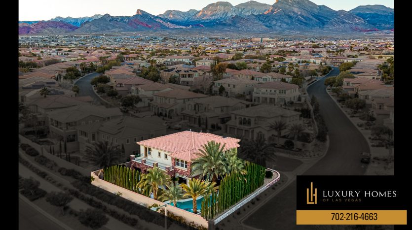 drone view of The Paseos Las Vegas Home for Sale, 937 Las Palomas Drive, Las Vegas, NV 89138