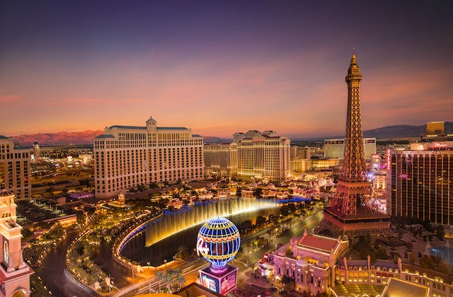 Discover the Las Vegas Strip in twilight splendor, capturing the essence of the city's dynamic nightlife.