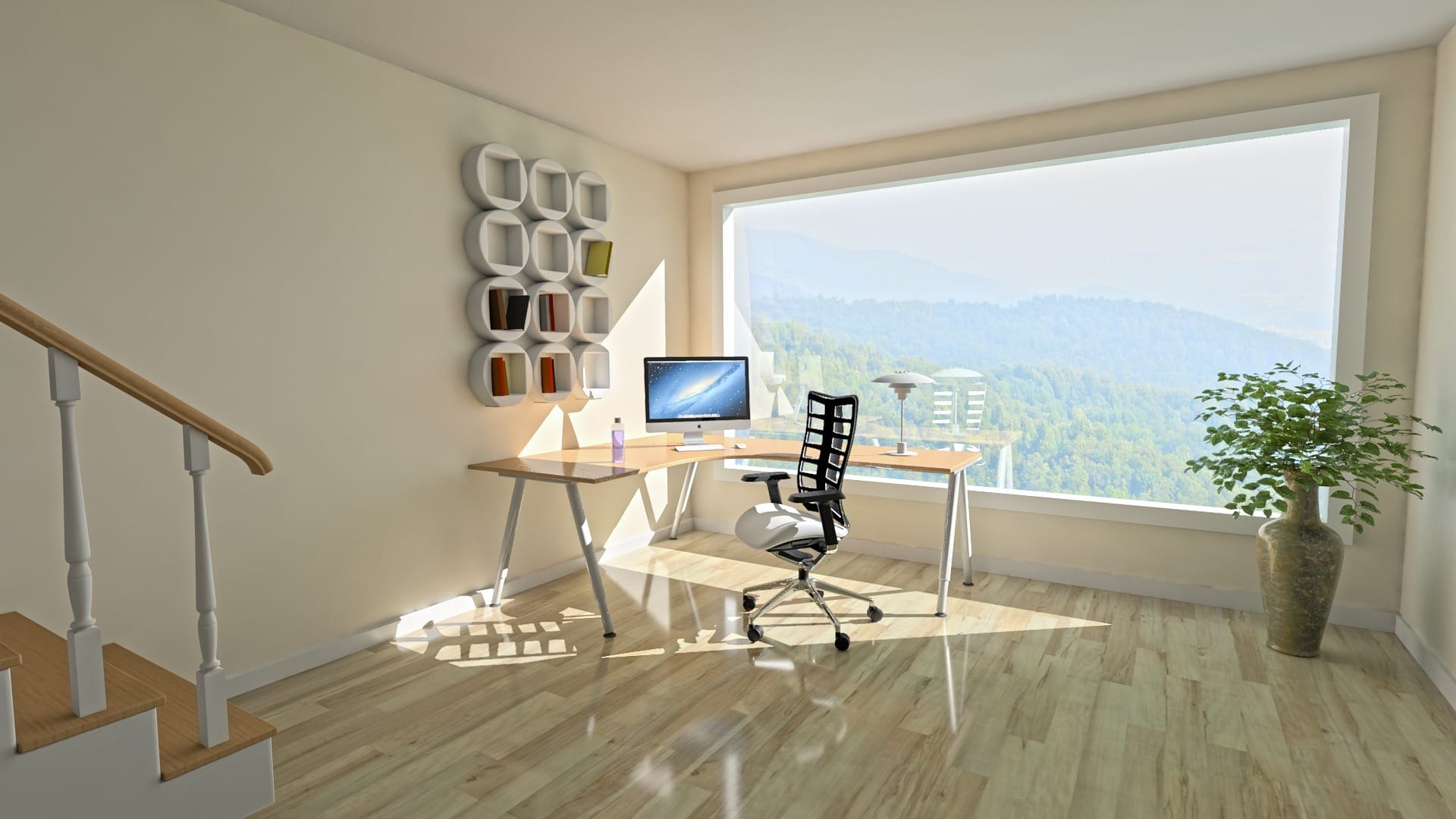 A home office with a large window that follows interior tips for Las Vegas luxury homes