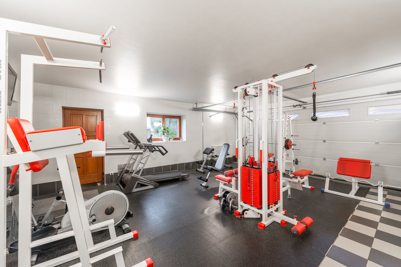 Home gym with various equipment