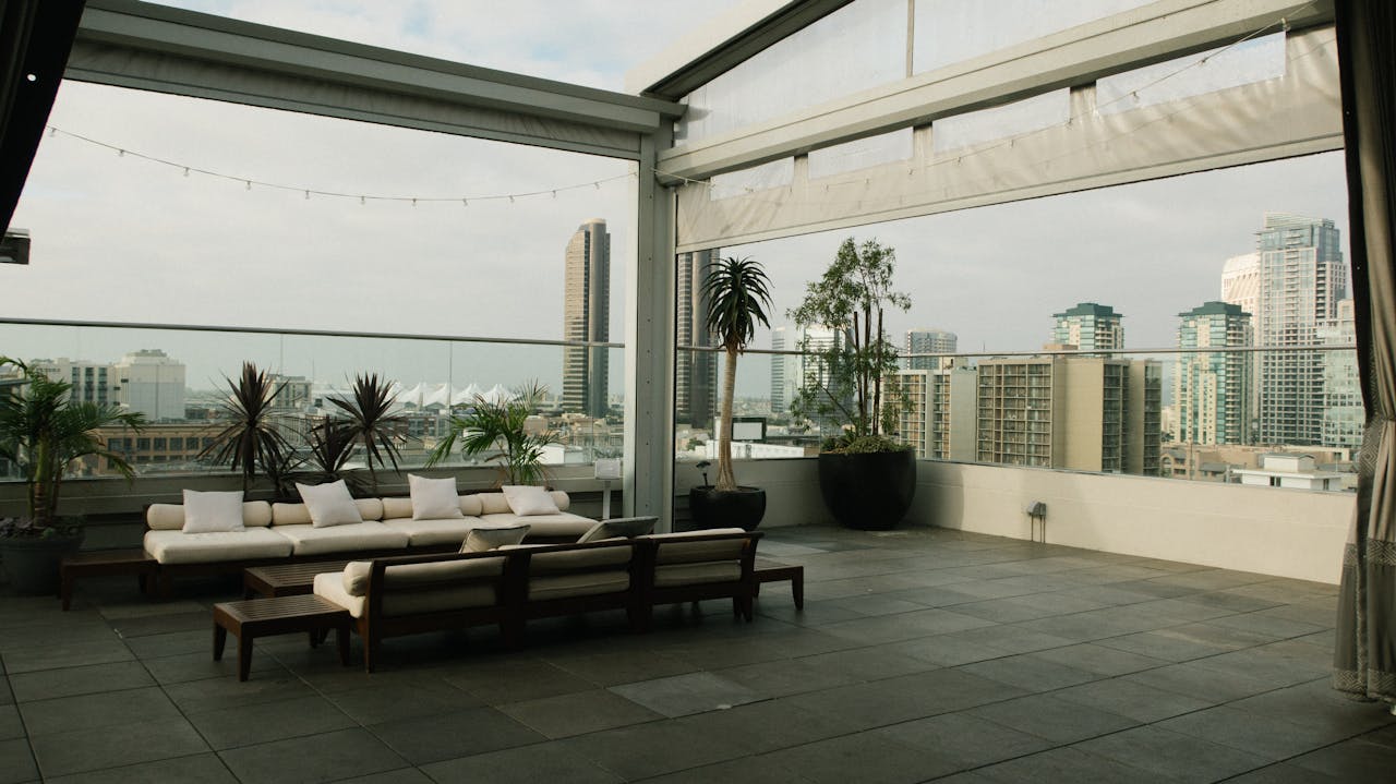 A rooftop seating area